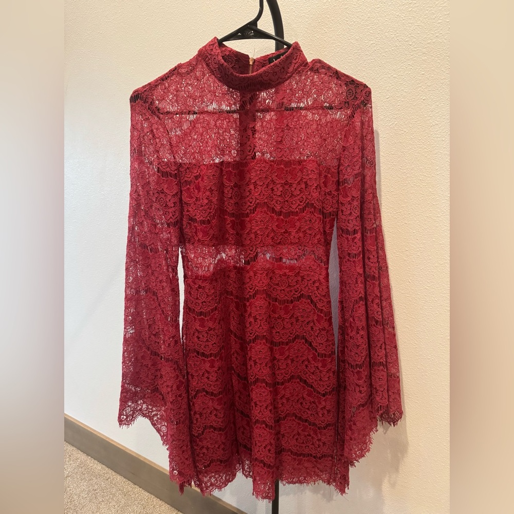 Lulu's Burgundy Lace Long Sleeve Dress